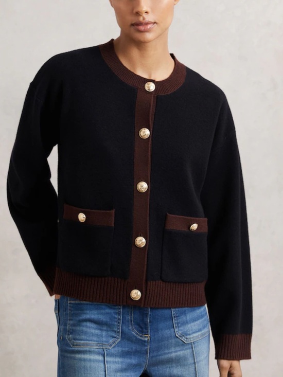 Reiss Sweaters - Reiss Olive Tipped Crewneck Wool And Cashmere Cardigan Black Burgundy
